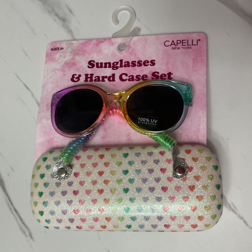 Capelli New York Kids Rainbow Sunglasses and Glitter Heart Hard Case Set NWT